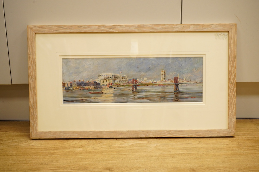 Walter Taylor (1860-1943), A view of the Thames, with the old Lambeth bridge, Imperial Chemical House and the Palace of Westminster, circa 1930, signed lower right, oil on board, 19cm x 39.5cm